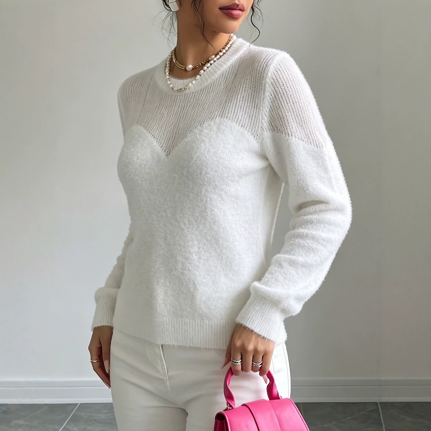 Women's Open-Knit Crewneck Long-Sleeve Top