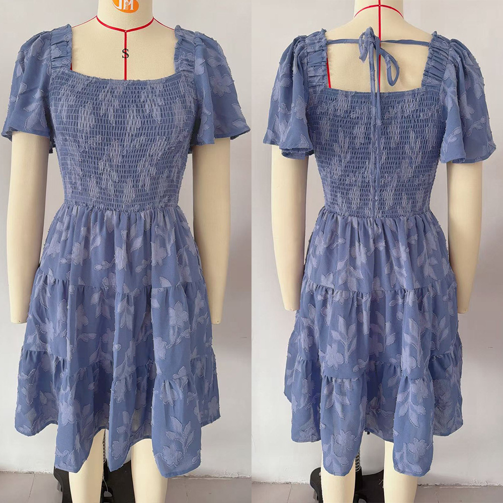 Women's Short Sleeve Square Neck Floral Chiffon Midi Dress