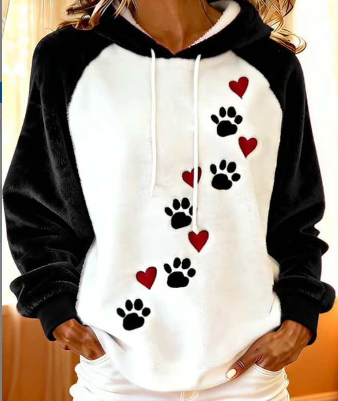 Women's Heart & Animal Paw Print Hooded Sweatshirt