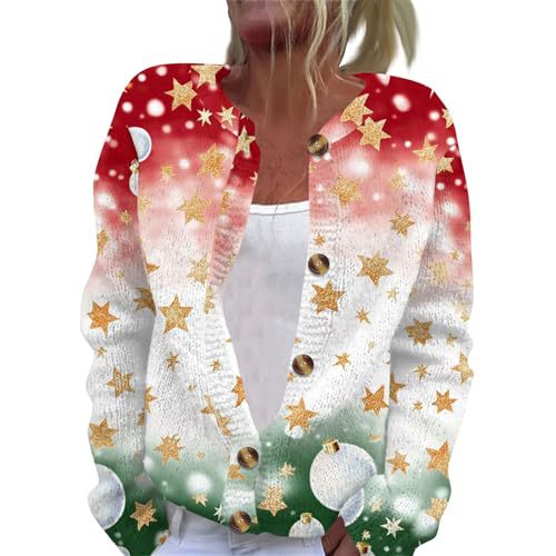 Christmas Hat Print Button-Front Cardigan for Women