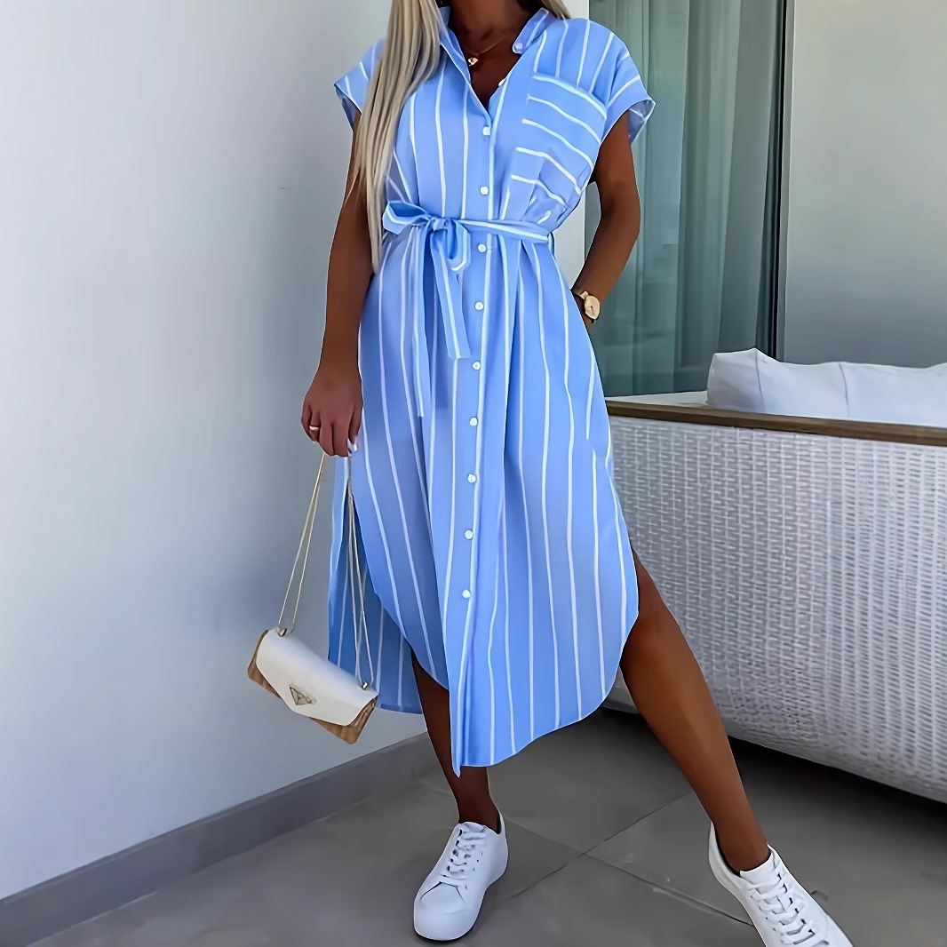 Striped Short Sleeve Button-Front Midi Shirt Dress