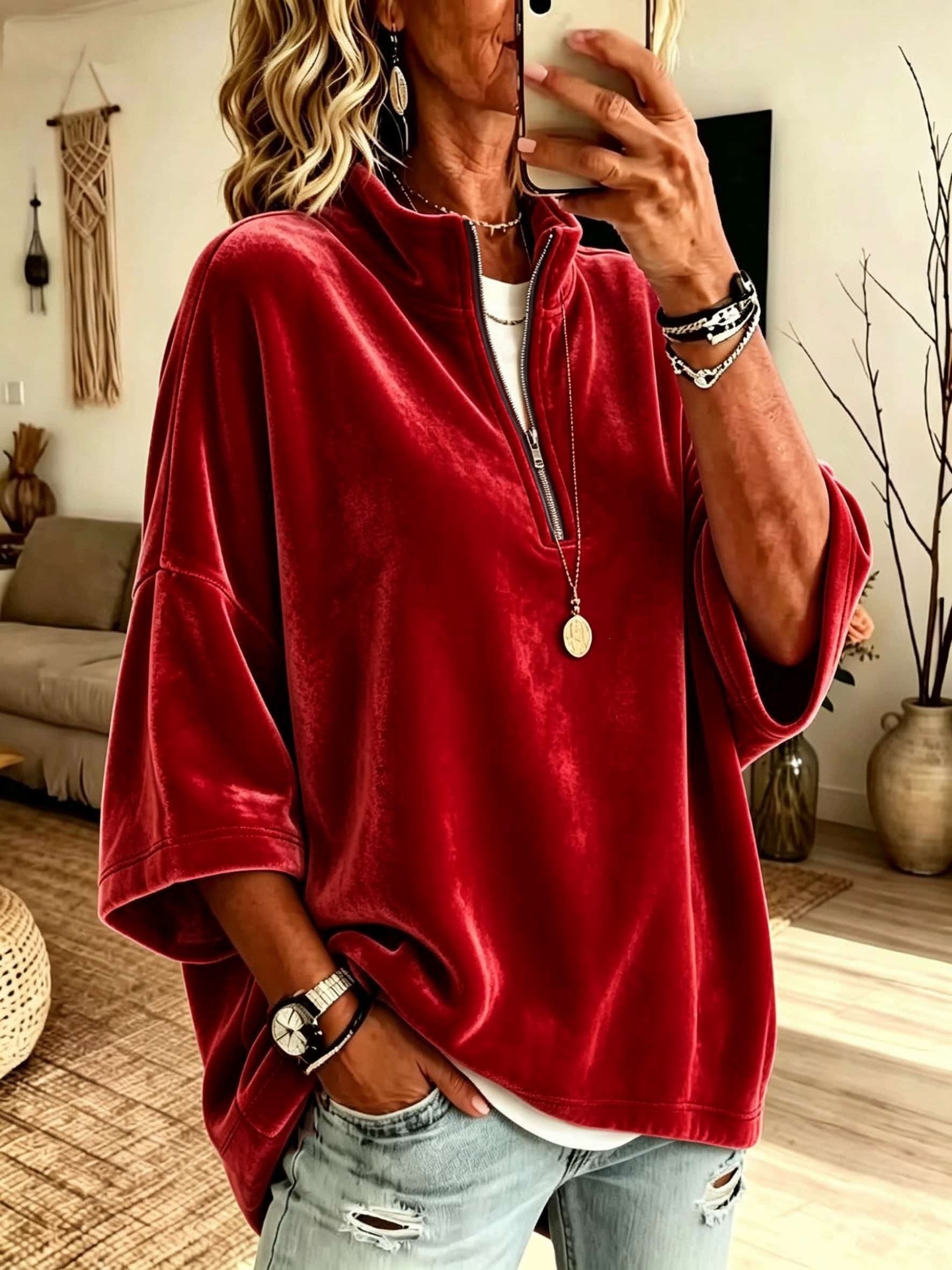 Women's Velvet Zip-Up Top with 7/8 Sleeves and High Neck