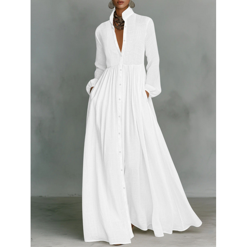 Textured Stand Collar Long Shirt Dress with Lantern Sleeves and Pockets