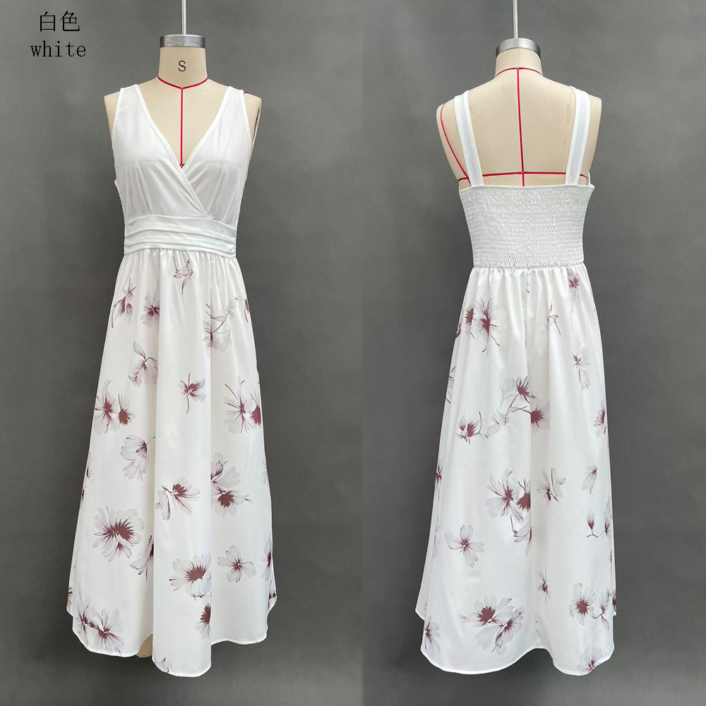 Sexy V-Neck Floral Print Sleeveless Open-Back High-Waist A-Line Maxi Dress