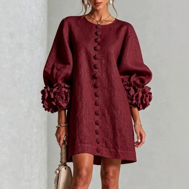 French 3D Floral Lantern Sleeve Cotton Linen Dress Round Neck Button Front Loose Short