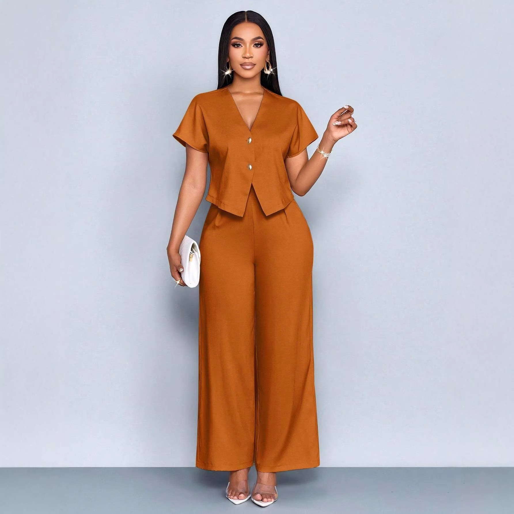 Women's V-Neck Asymmetric Cardigan & Wide-Leg Pants Plus Size Casual Two-Piece Set