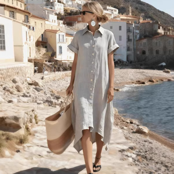 Women's Short Sleeve Long Shirt Dress Loose Relaxed Collared