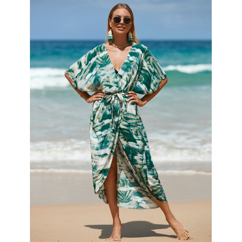 Leaf Print Beach Cover-Up Sheer Open-Front Cardigan