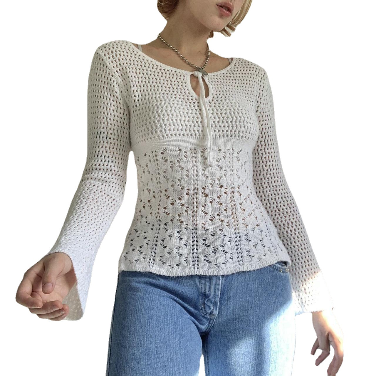 Women's Elegant Crewneck Long Sleeve Slim Fit Hollow Out Knit Sweater