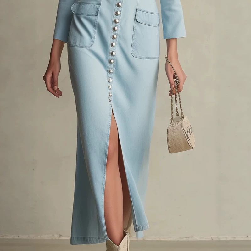 Light Blue V-Neck Slit Long Dress