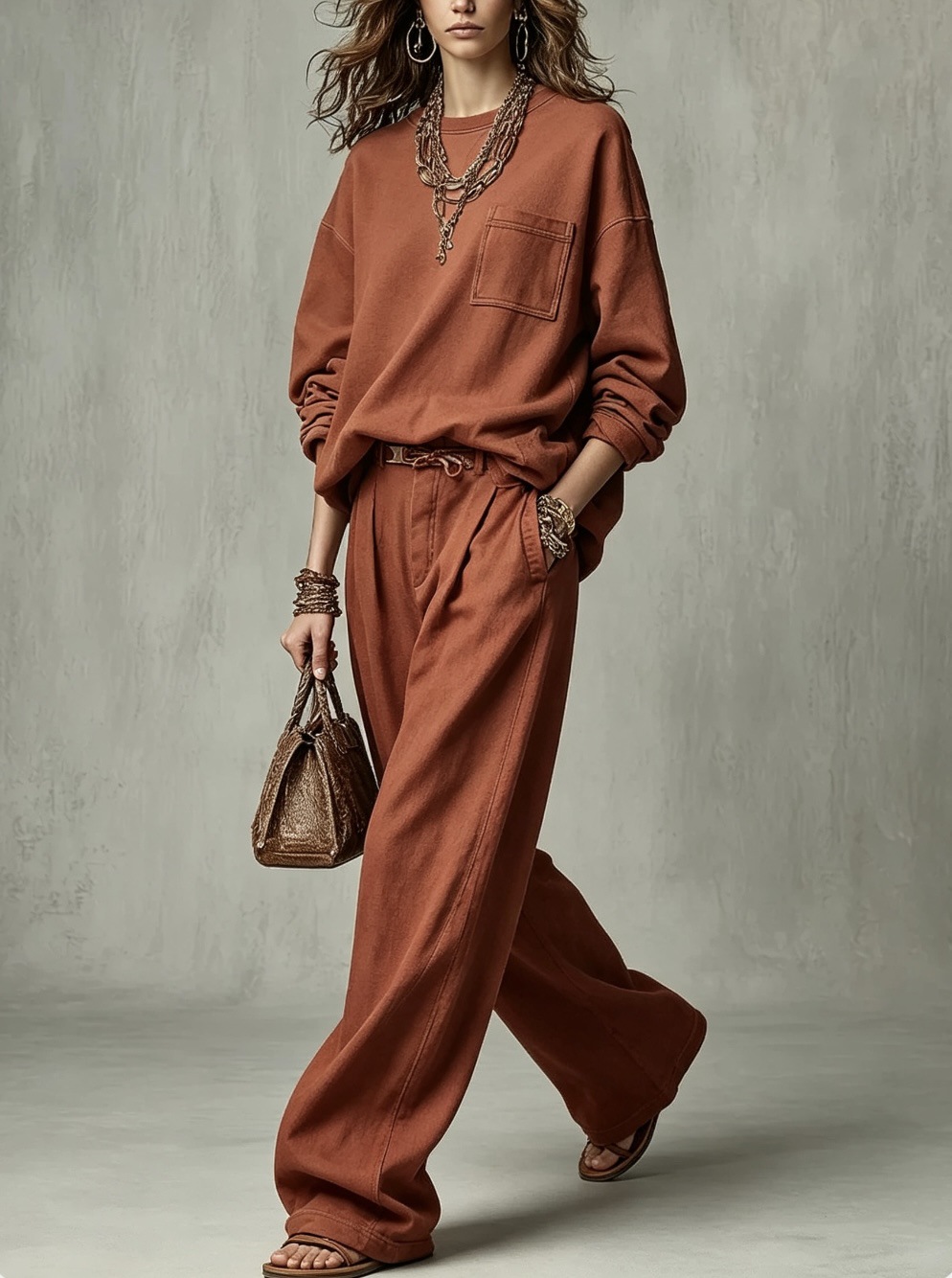 Relaxed Crewneck Sweatshirt & High-Waist Pleated Wide-Leg Pants Set (Belt Not Included)