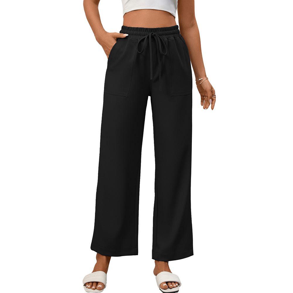 Women's Drawstring Wide-Leg Pants with Pockets Casual Cotton Blend