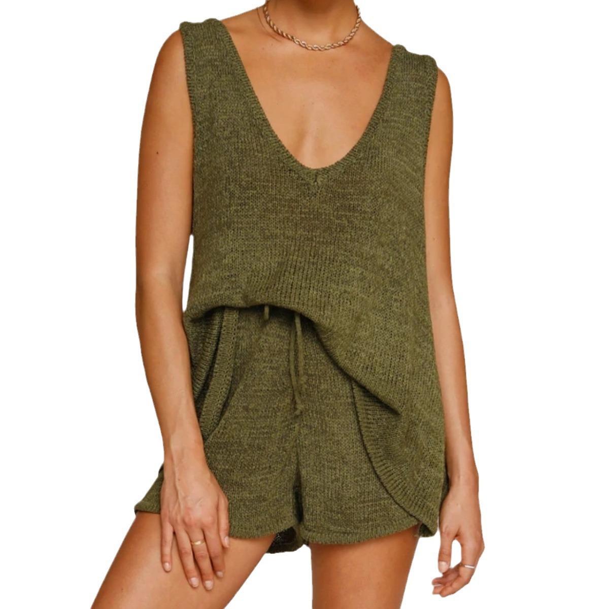 Women's Deep V-Neck Tie Knit Sweater and Shorts Set