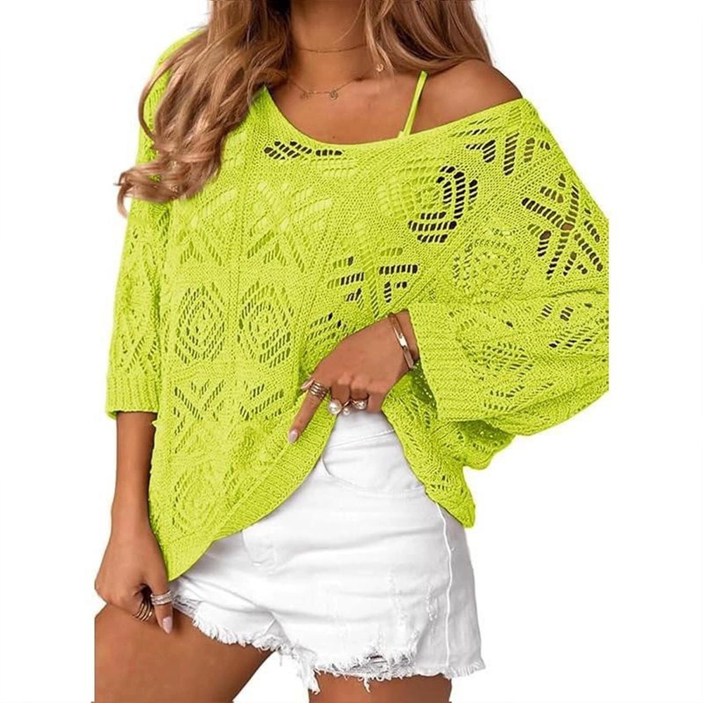 V-Neck Diamond Crochet Hollow-Out Knit Top with Dolman Sleeves