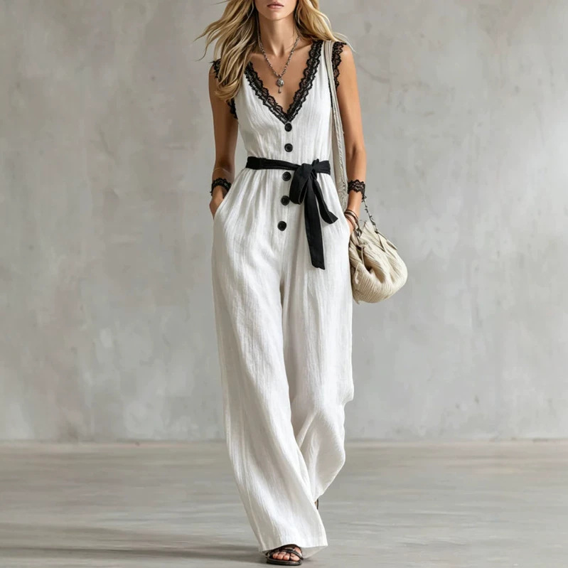 Colorblock Lace Trim V-Neck Tie-Waist Wide-Leg Jumpsuit