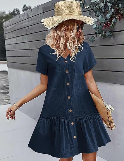 Women's Button-Front Cotton-Linen Midi Dress with Ruffle Hem and Short Sleeves