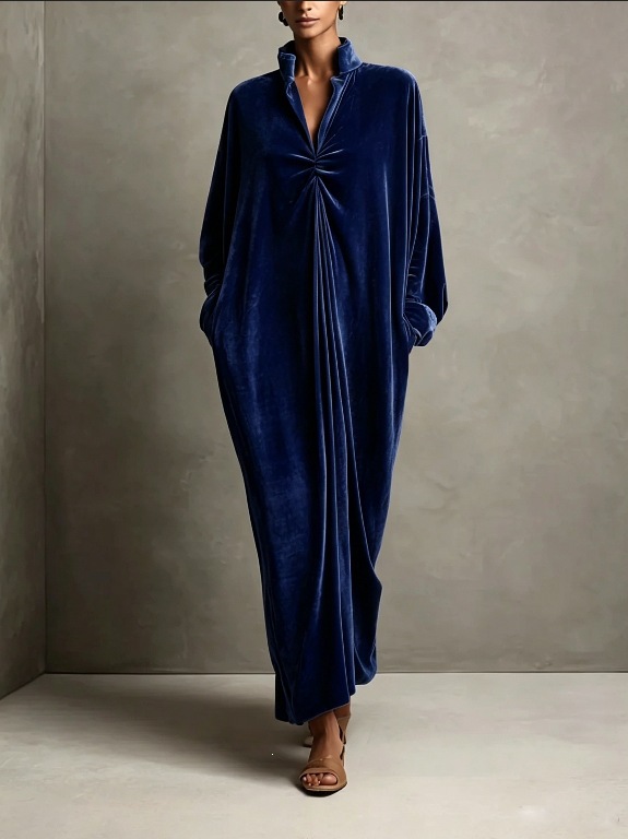 Stand Collar Velvet Long Dress with Twist Knot Detail