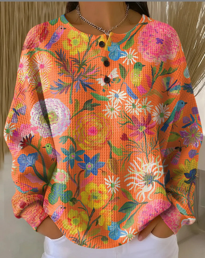 Women's Plaid Pumpkin Floral Butterfly Print Button Sweatshirt