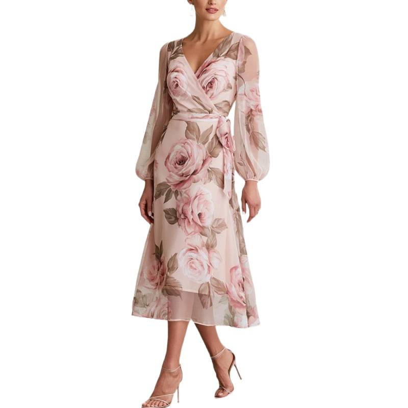 Floral Print V-Neck Lantern Sleeve A-Line Midi Dress