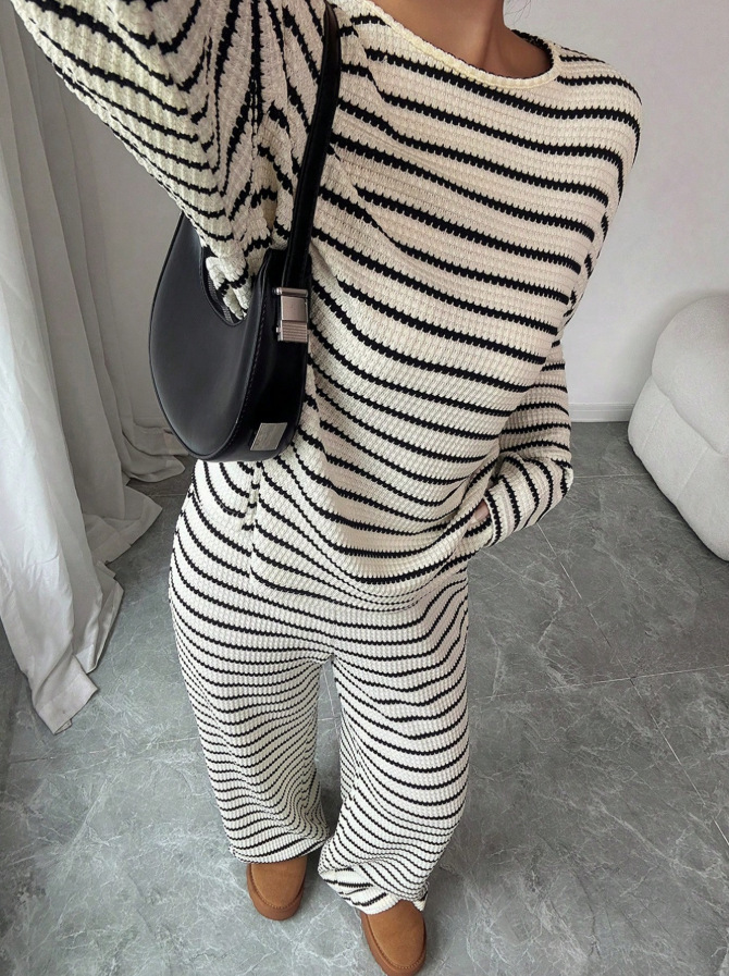 Women's Striped Round Neck Long Sleeve Top and Pants Two-Piece Set