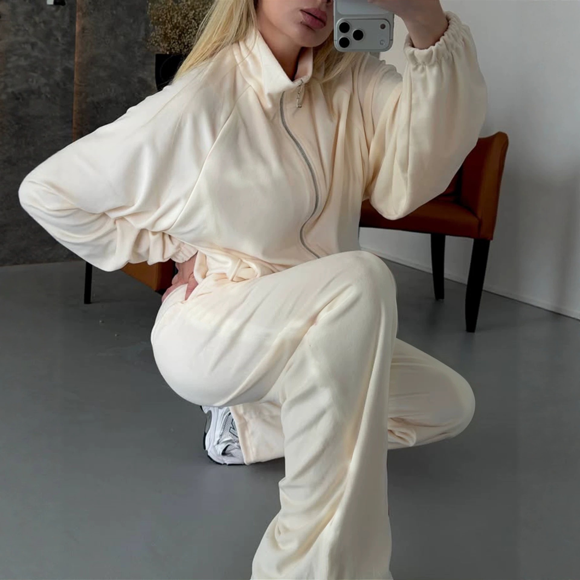 Velvet Two-Piece Set: Zip Cardigan & Wide-Leg Pants