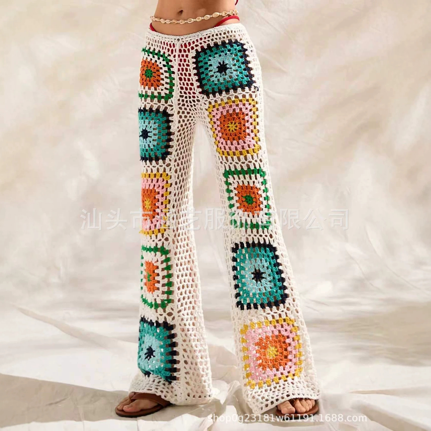 Hand-Crocheted Colorblock Openwork Wide-Leg Pants