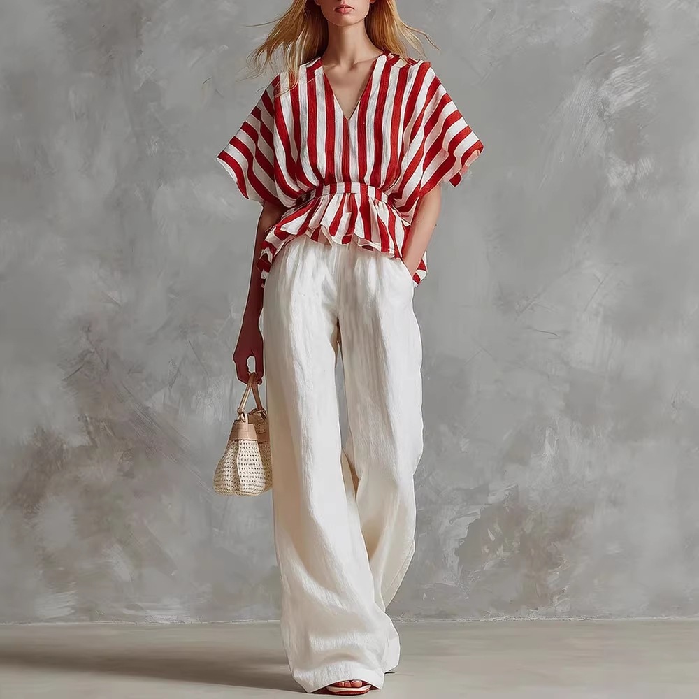 Red and White Striped Top with White Wide-Leg Pants Two-Piece Set