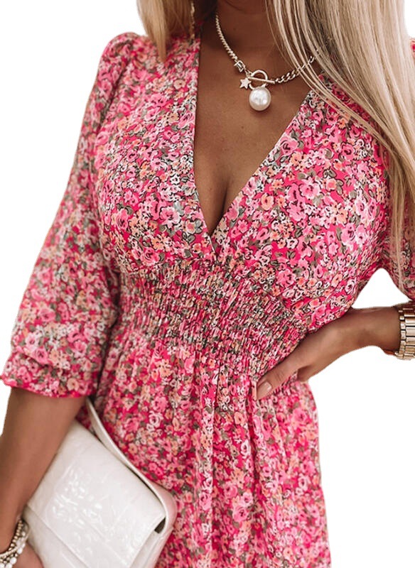 Boho Floral Print V-Neck A-Line Midi Dress with Puff Sleeves and Cinched Waist