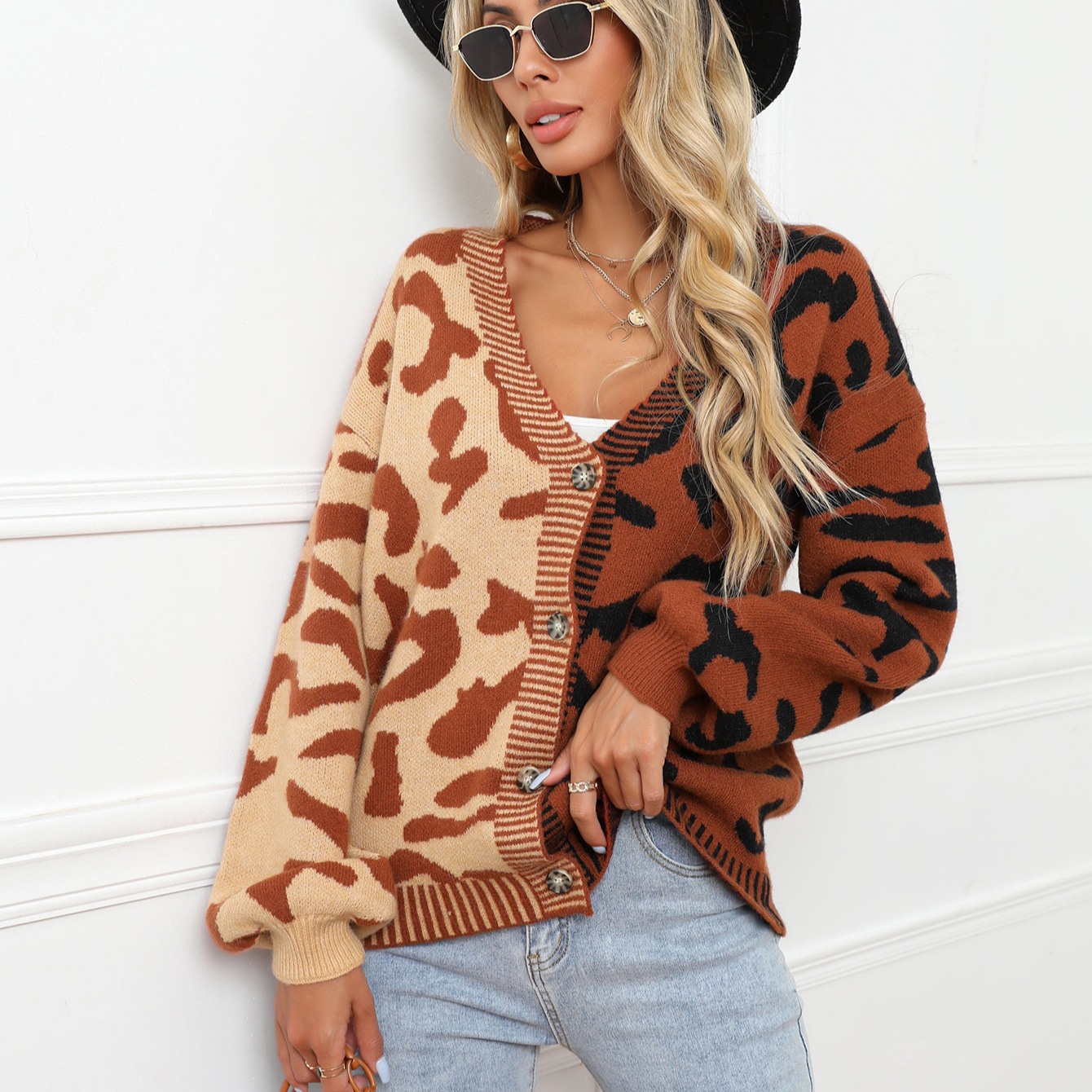 Leopard Print Button-Front Knit Cardigan Sweater