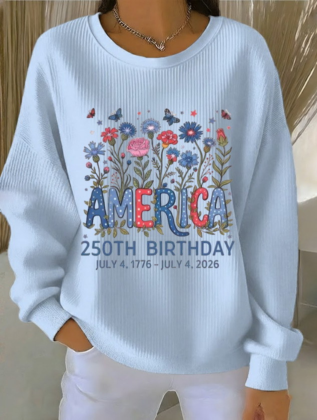 Women's Crewneck Sweatshirt with American Letter Star Flower Print