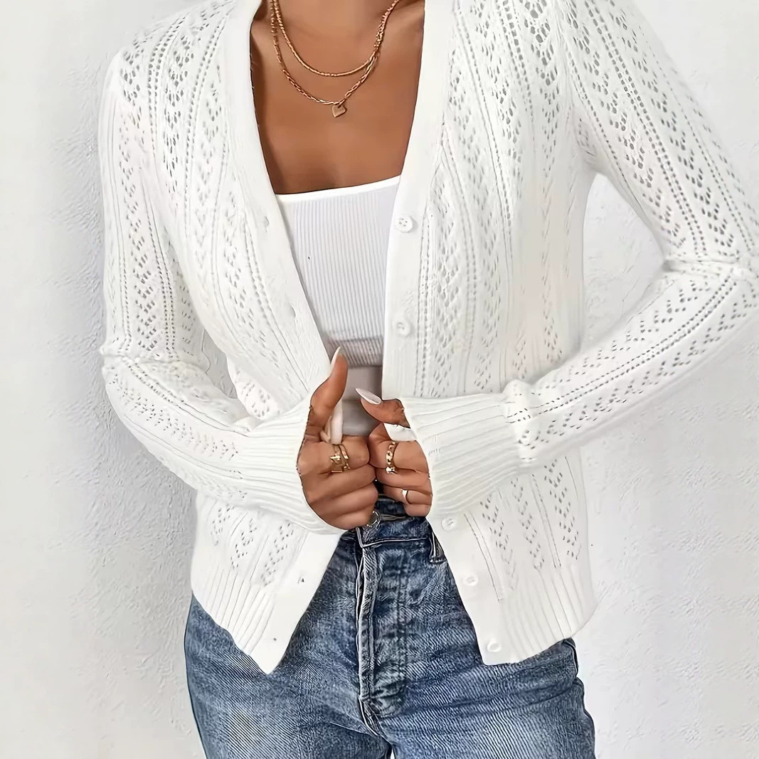 Women's White Open-Knit Cardigan Sweater Long Sleeve