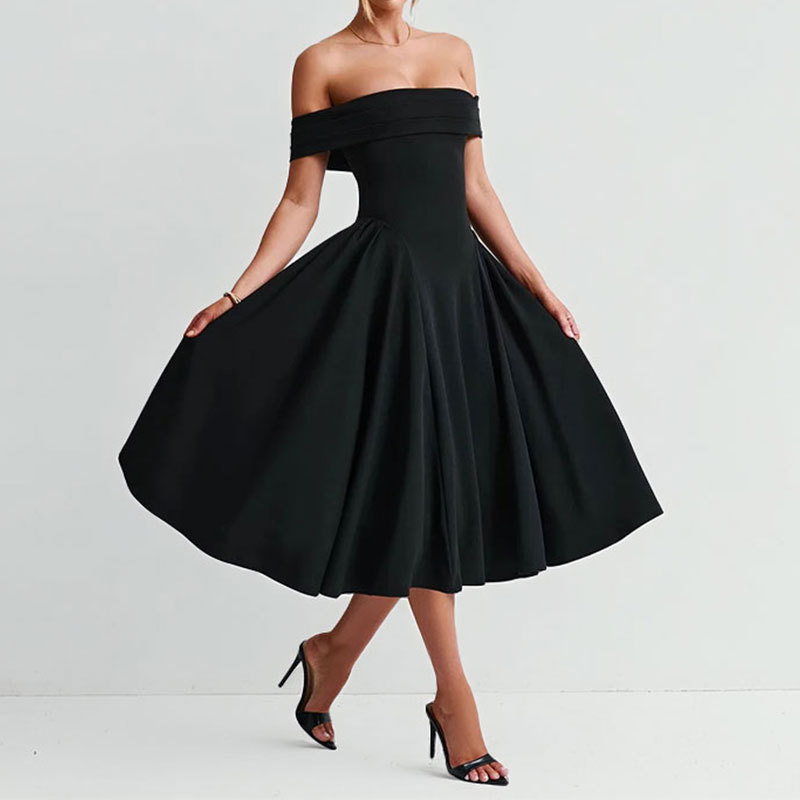 Women's Off-Shoulder Long Evening Dress with Waist-Cinching