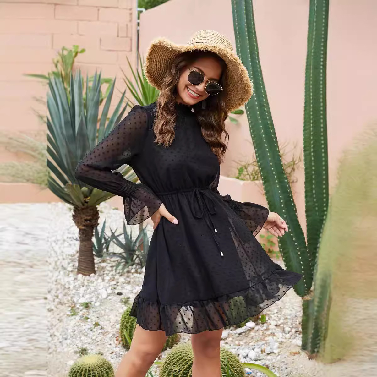 Women's Slimming Long Sleeve Ruffle Dress with Tie Belt