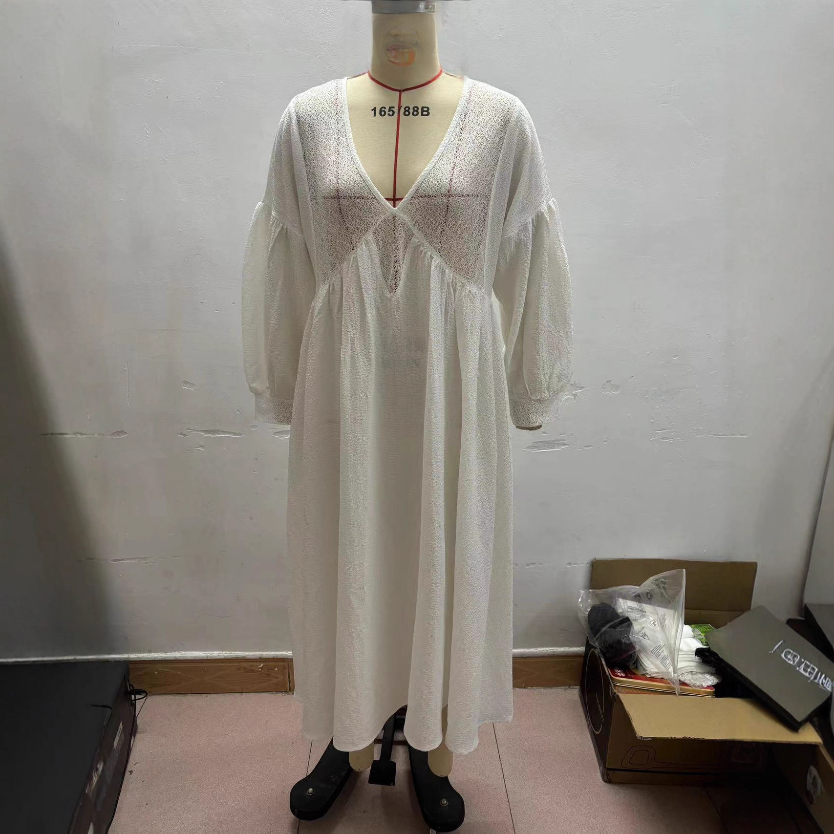 Lace Boho Maxi Dress V-Neck Long Sleeve High Waist White