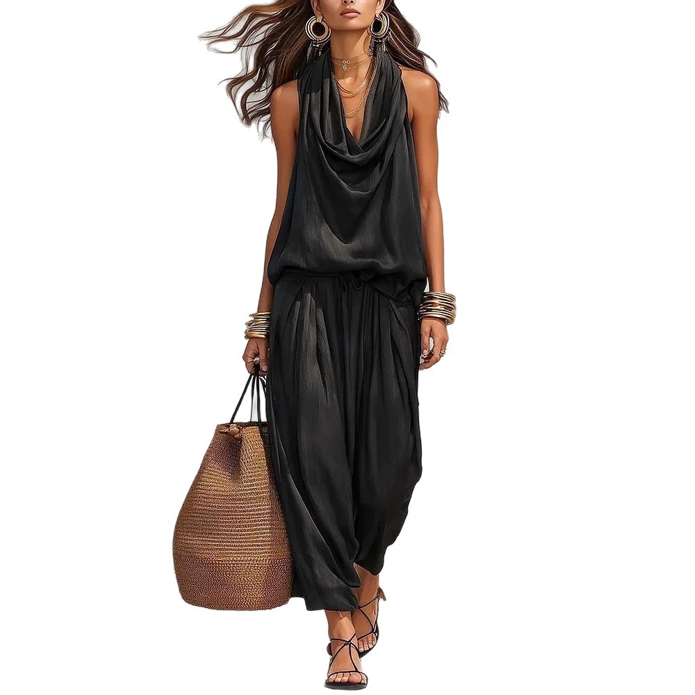 Sleeveless Cowl Neck Tank Top & Drapey Pants Set