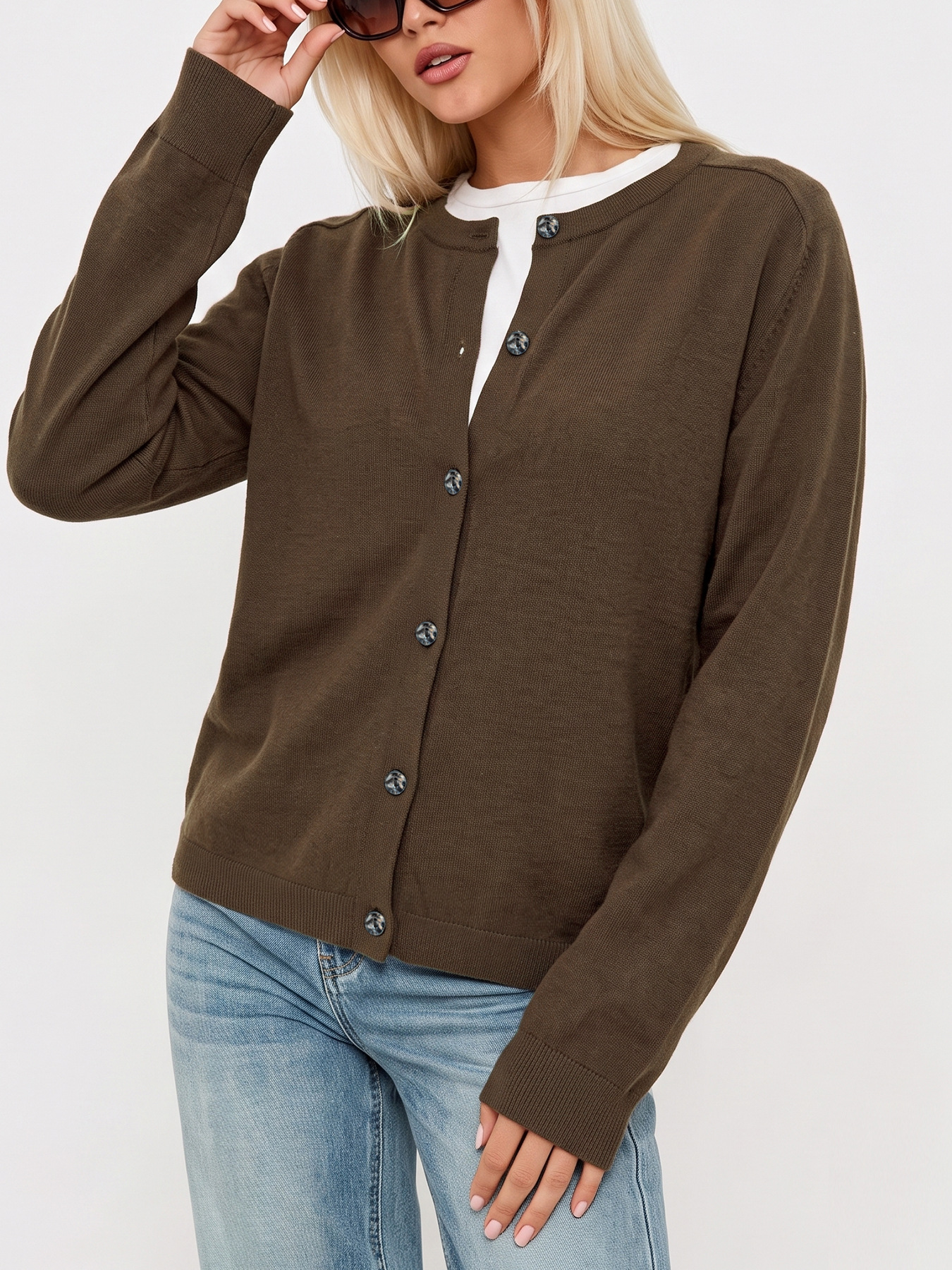 Women's Plus Size Knit Cardigan Button-Down Long Sleeve Crew Neck