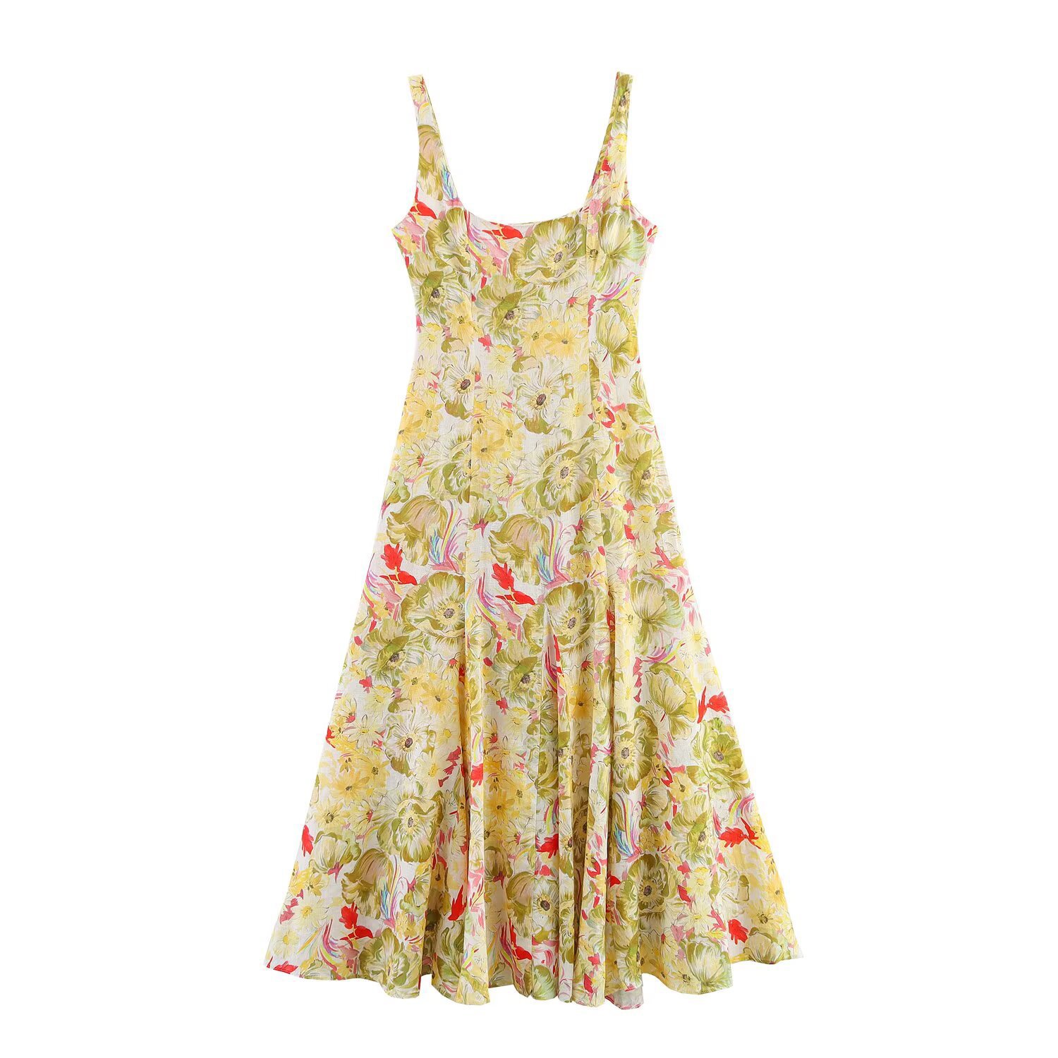 Floral Print Wide Strap A-Line Midi Dress