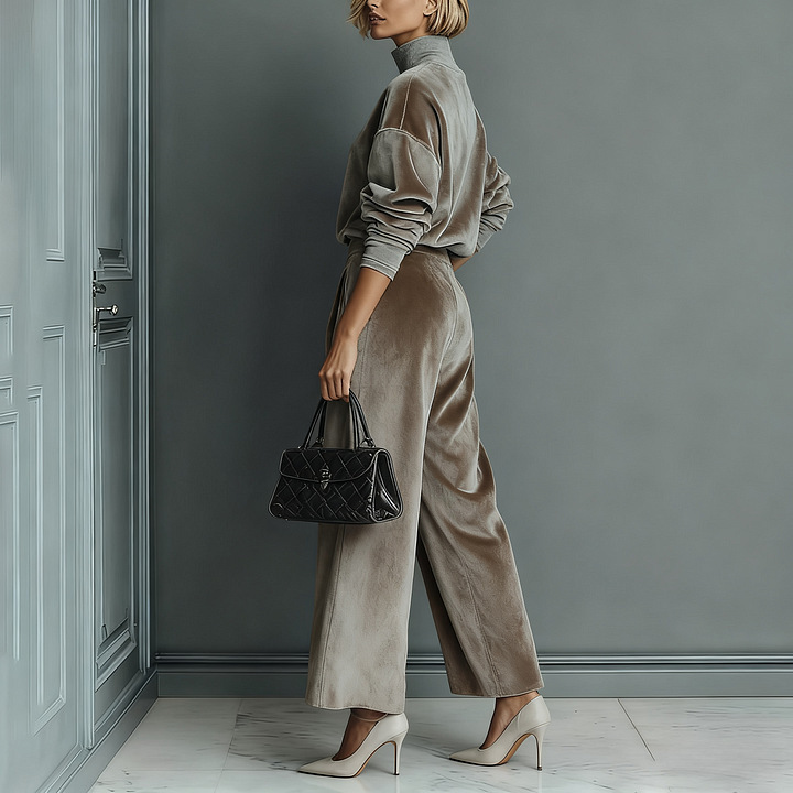 Women's Knit Long-Sleeve Top & Wide-Leg Pants Two-Piece Set