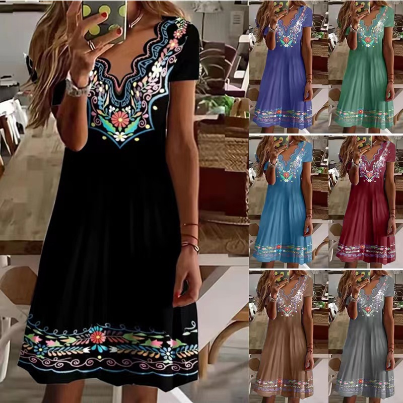 Women's Wave V-Neck Floral Print Short Sleeve Casual Dress