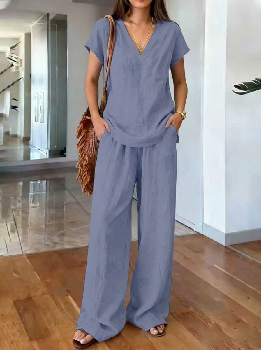 Women's V-Neck Short Sleeve Top & Wide Leg Pants Set