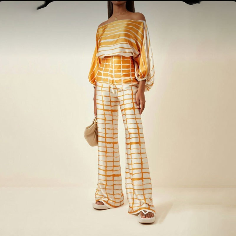 Women's Printed Batwing Sleeve Cinched Waist Wide-Leg Pants Set