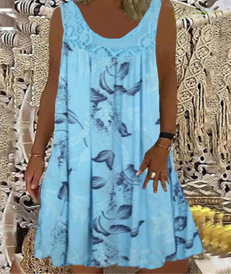 Women's Vintage Floral Butterfly Midi Dress Sleeveless Round Neck Slim Fit