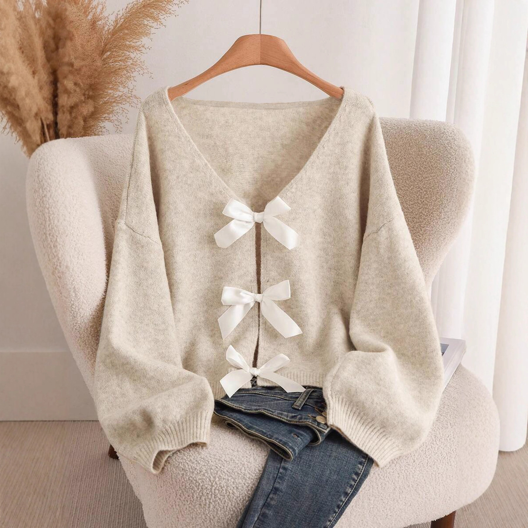 Bow Knit Cardigan Loose Slouchy Sweater