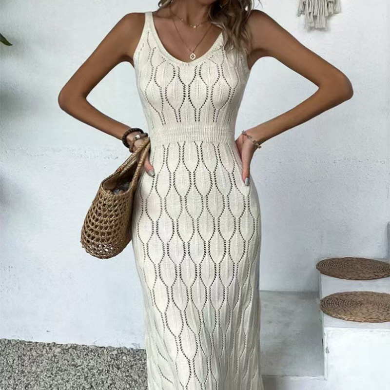 Women's Sleeveless V-Neck Hollow-Out Knit Beach Dress