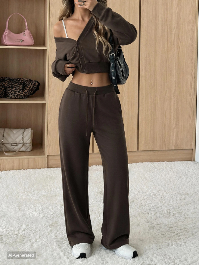 Women's Solid Color Cropped Cardigan & Wide-Leg Pants Casual Set