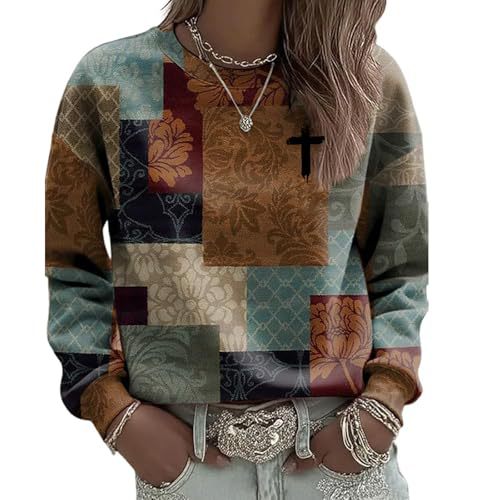 Women's Plaid Cross Floral Book Print Crewneck Sweatshirt