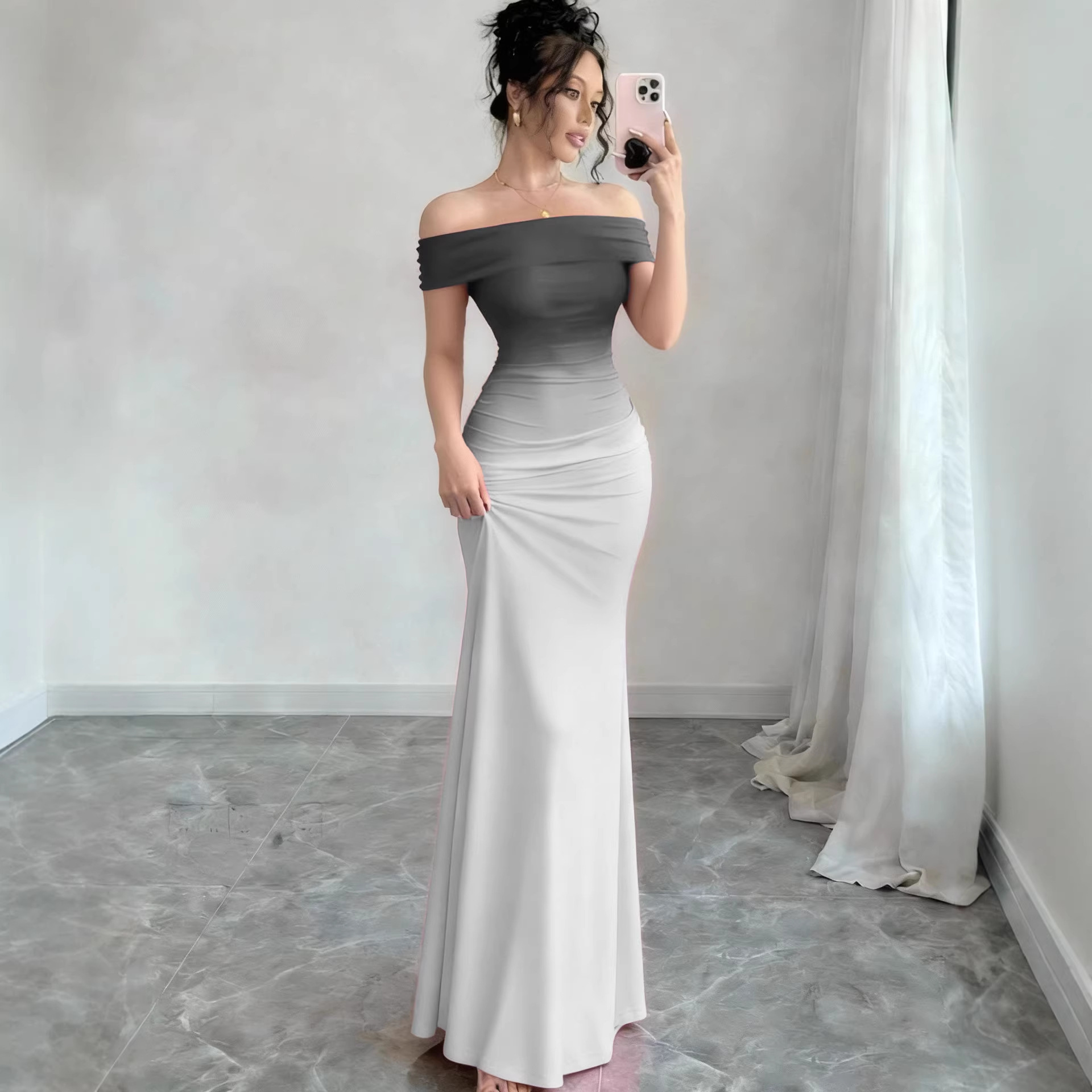 Women's Gradient Off-Shoulder Short Sleeve Bodycon Long Dress