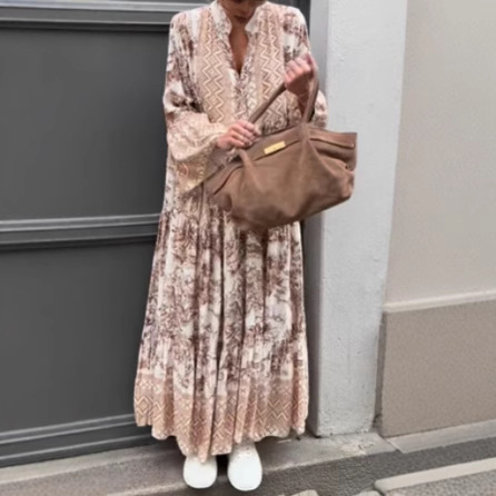 Floral Tie-Dye Print Bell Sleeve Long Dress