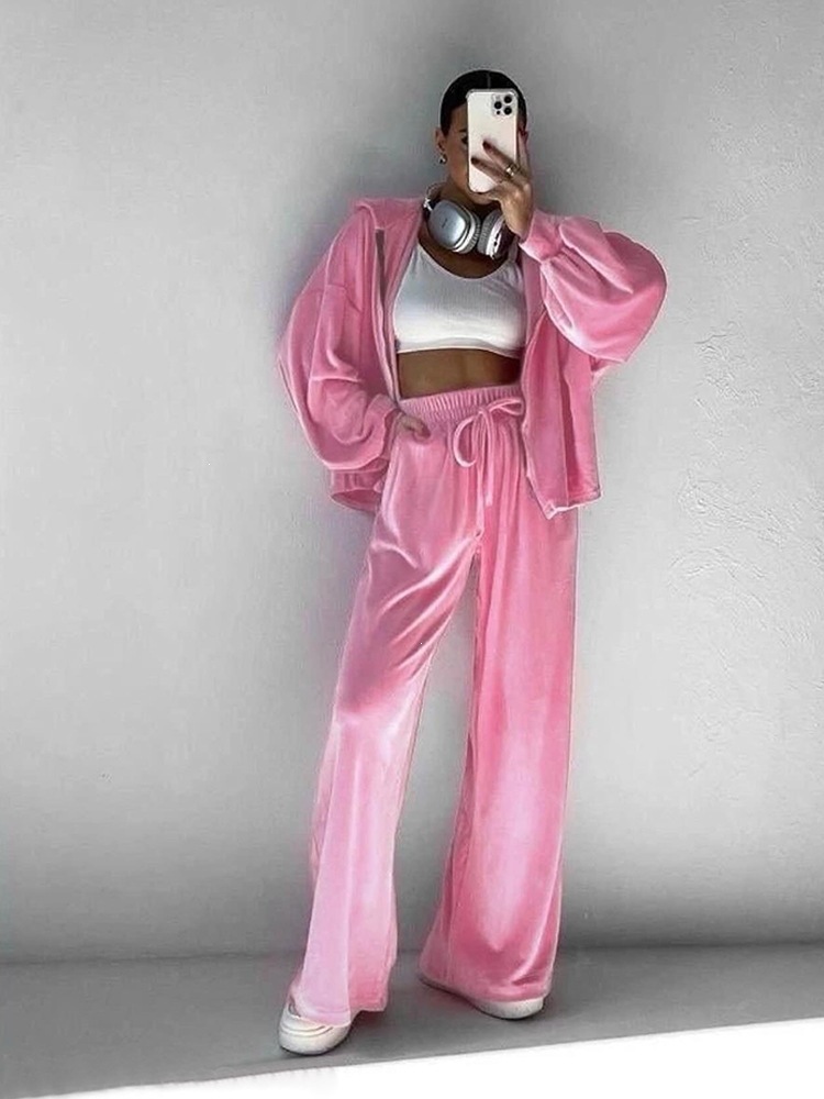 Women's Solid Color Hooded Zip Cardigan & Wide-Leg Pants Set