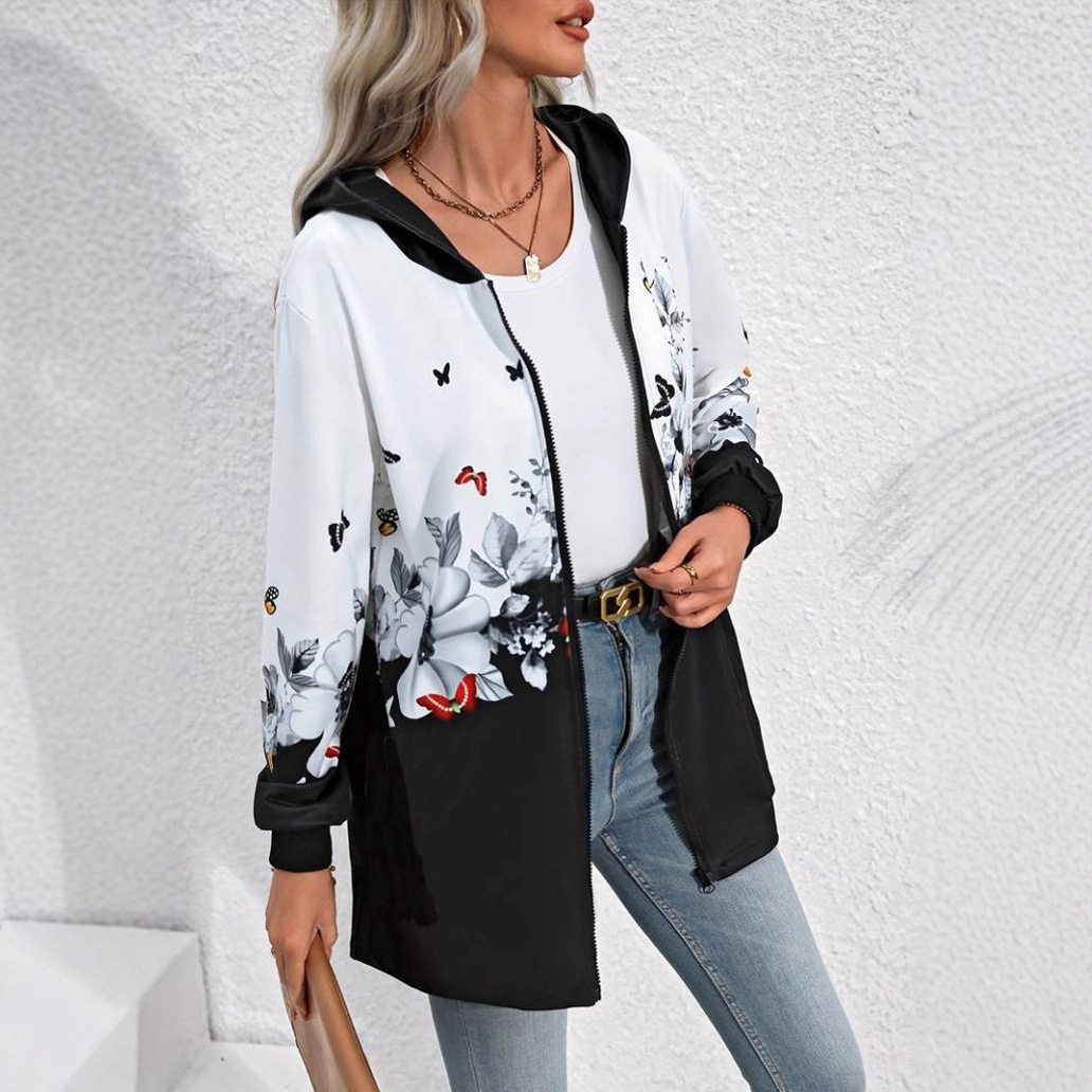 Women's Casual Printed Zip-Up Hooded Mid-Length Jacket